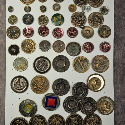 Sale Photo Thumbnail #189: A Collection of 55 Antique and Vintage Stamped Metal and Luster Glass Buttons