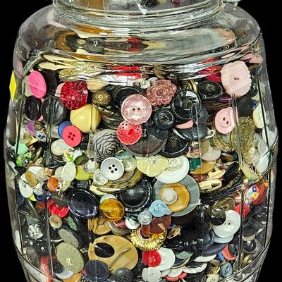 Sale Photo Thumbnail #366: Large Collection of Vintage Sewing Buttons and Ephemera in Glass Jar with Bale Handle