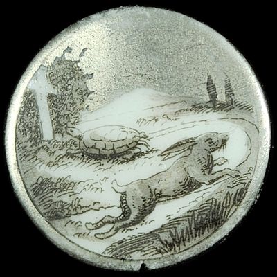 Circular Black and White Transfer Printed Button Depicting the Tortoise and the Hare