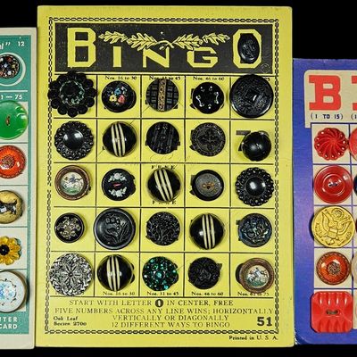 Sale Photo Thumbnail #222: Three Vintage Bingo Retail Display Cards Featuring Novelty Military and Decorative Buttons