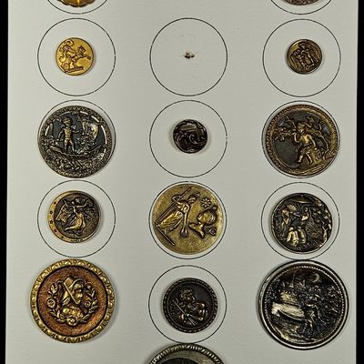 Sale Photo Thumbnail #249: Collection of Antique Victorian Metal Picture Buttons Circa 1880 to 1900