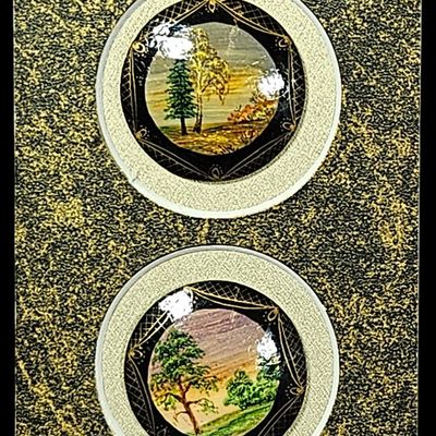 A Set of Four Russian Fedoskino Style Miniature Landscape Paintings of the Seasons