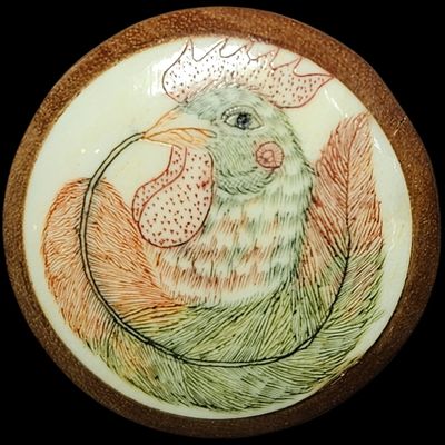 Japanese Manju Wood and Inlaid Bone Netsuke of a Rooster