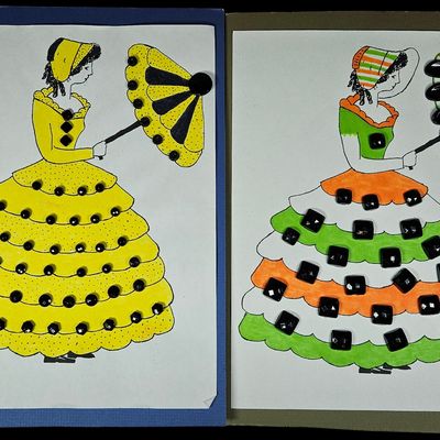 Sale Photo Thumbnail #297: Two Mixed Media Folk Art Fashion Illustrations with Black Glass Elements