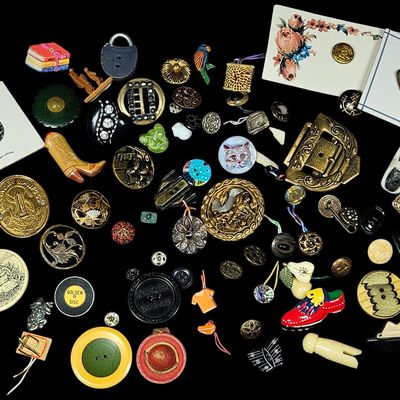 An Assortment of Vintage and Antique Buttons, Sewing Notions, and Novelty Pins