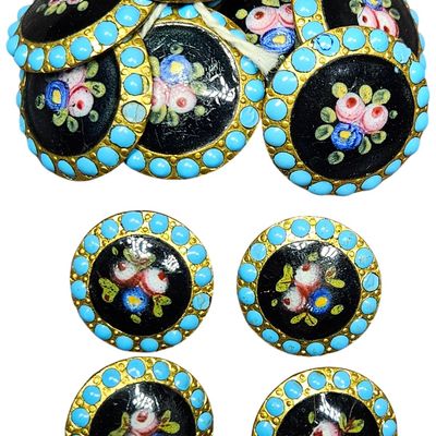 Sale Photo Thumbnail #103: A Set of Eleven Hand Painted Enamel and Turquoise Glass Cabochon Buttons