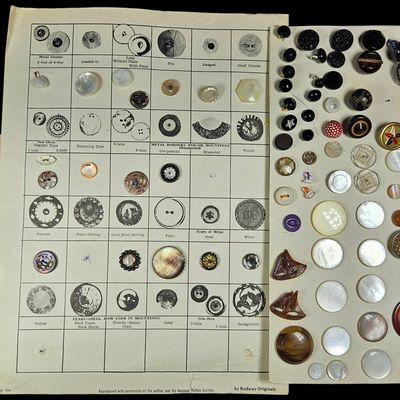 Sale Photo Thumbnail #311: A Collection of Antique and Vintage Buttons Including Mother of Pearl Vegetable Ivory and Black Glass with Rodway Originals Reference Sheet
