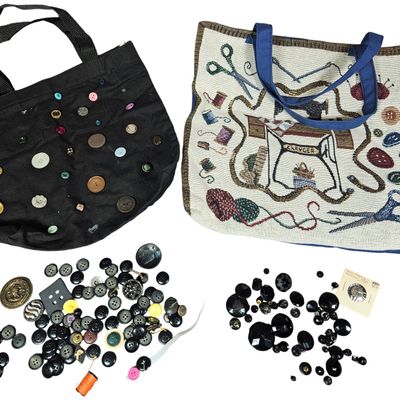 Sale Photo Thumbnail #129: An Assortment of Two Sewing Themed Tote Bags and a Collection of Vintage Buttons and Notions