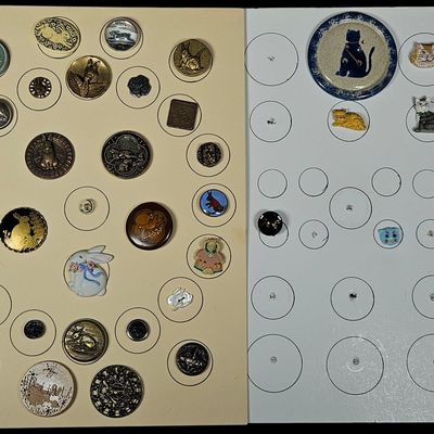 A Collection of Decorative Rabbit and Cat Themed Buttons in Metal, Ceramic, Wood, and Glass