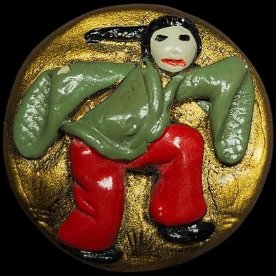 Hand Painted Bas Relief Studio Button with Figural Motif