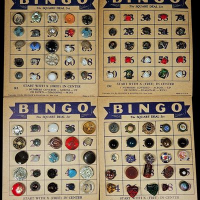 Sale Photo Thumbnail #174: A Group of Four 1936 Selchow and Righter Bingo Cards Decorated with Antique and Vintage Buttons