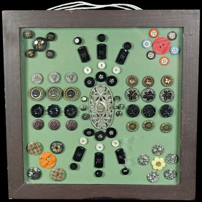 Sale Photo Thumbnail #283: Framed Assortment of Antique and Vintage Buttons and Neoclassical Belt Buckle