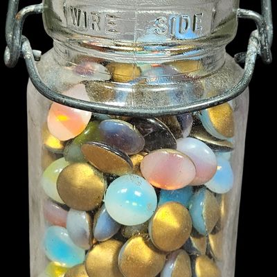 Sale Photo Thumbnail #363: Group of Vintage Sabrina West German Glass Doublet Cabochons in Wire Bale Storage Jar