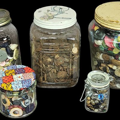 Sale Photo Thumbnail #348: A Large Group of Five Glass Jars Containing an Assortment of Vintage and Antique Buttons
