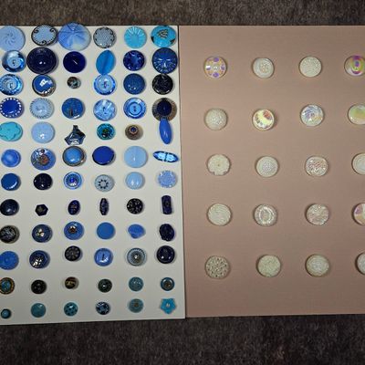 Sale Photo Thumbnail #288: An Assortment of Vintage Blue and Iridescent White Glass Buttons