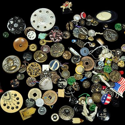 An Assortment of Antique and Vintage Buttons and Sewing Notions including Mother of Pearl and Early Plastics