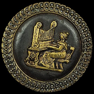 Victorian Gilt Metal Picture Button Depicting Saint Cecilia at the Organ
