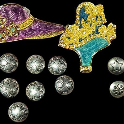 Two Enamel and Rhinestone Brooches and An Assortment of Decorative Metal Buttons
