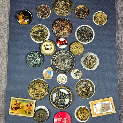 A Collection of Antique and Vintage Canine and Sporting Themed Metal and Celluloid Buttons with Enclosed Stamp Ephemera