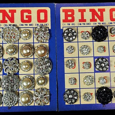 Sale Photo Thumbnail #135: Two Vintage Bingo Card Displays Featuring Fifty Decorative Rhinestone and Faux Pearl Buttons
