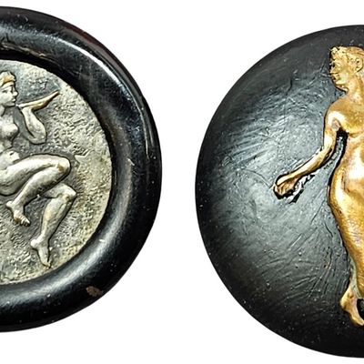 Two Large Composite and Metal Picture Buttons Featuring Classical and Art Nouveau Nude Figures