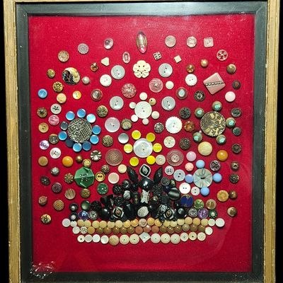 Sale Photo Thumbnail #323: Framed Antique and Vintage Button Collection Folk Art Shadow Box Assembly dated 1925