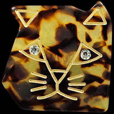 Faux Tortoiseshell Stylized Feline Brooch with Rhinestone Accents