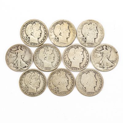 Sale Photo Thumbnail #13: 8 Barber & 2 Walking Liberty Silver Half Dollars