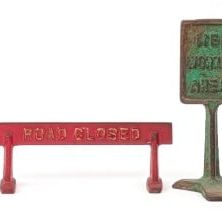 Arcade Cast Iron Road Closed Signs, Men Working Ahead Signs, and Wheelbarrow