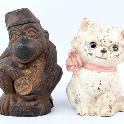 Cast Iron Kitten and Monkey Still Banks
