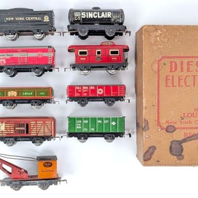 Marx Tinplate Engine, Train Cars, and Set Box