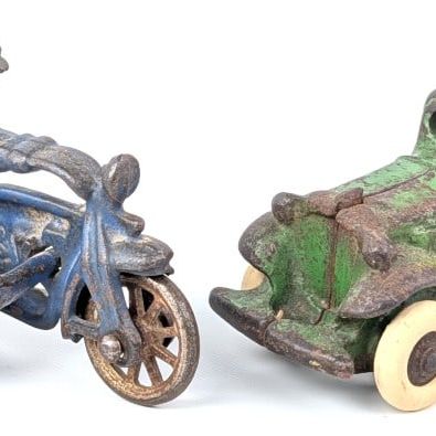 Hubley Cop Motorcycle with Sidecar and AC Williams Sedan