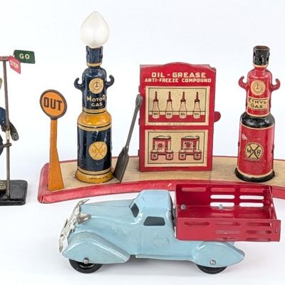 Marx Traffic Cop, Gas Station, Stake Truck, and Lubesters