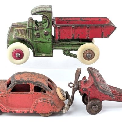 Cast Iron Chrysler Airflow, Mack Dump Truck, and UX33 Airplane