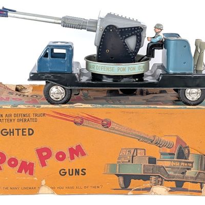 Linemar Friction Air Defense Truck w/ Battery Op. Pom Pom Guns in Box