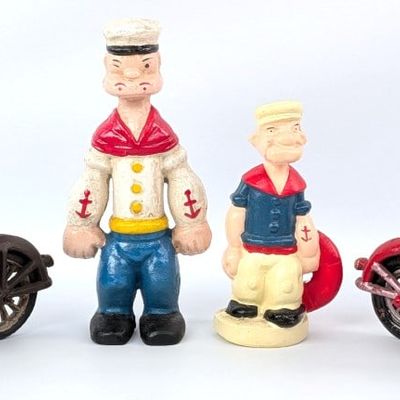 Cast Iron Popeye Banks and Popeye On Motorcycle