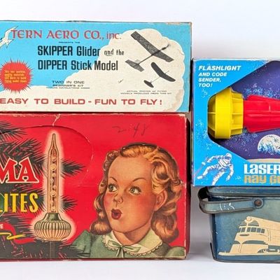 NOMA Bubble Lites, Laser Ray Gun, Airplane Lunchbox and Glider Model