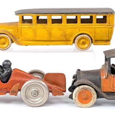 Reproduction Yellow Cab Taxi, Hubley Golden Arrow, and Seto Bus