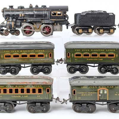 Ives Cast Iron Electric Locomotive with 60 / 61 / 62 Passenger Cars