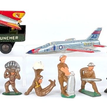 Japan Tin Mobile Missile Launcher Truck, Jets, and Toy Soldiers