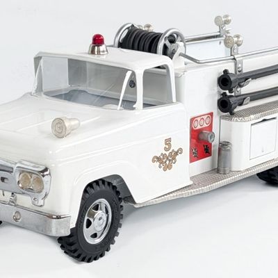 Restored White Tonka Suburban Pumper No. 5 Fire Truck