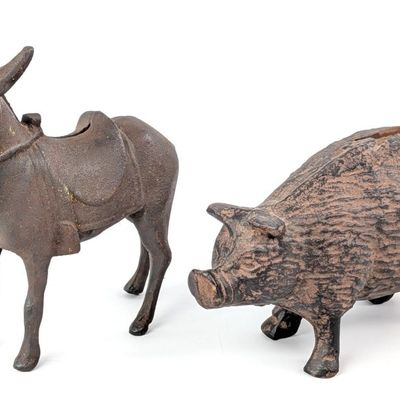 Cast Iron Boar and Donkey Still Banks