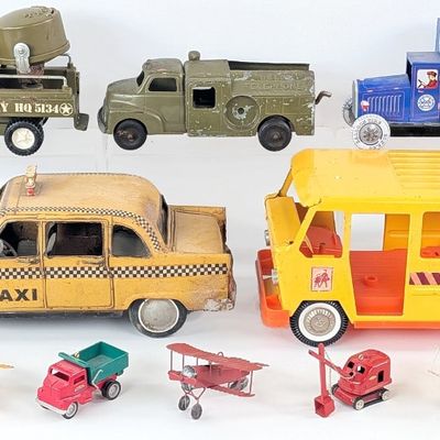 Buddy L School Bus, Marx Truck, Taxi, and More