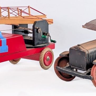 Custom White Flatbed Truck and Foreign Wood Toy Fire Truck