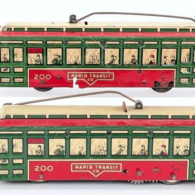(2) Marx Tin Windup Rapid Transit Co. 200 Trolley Cars
