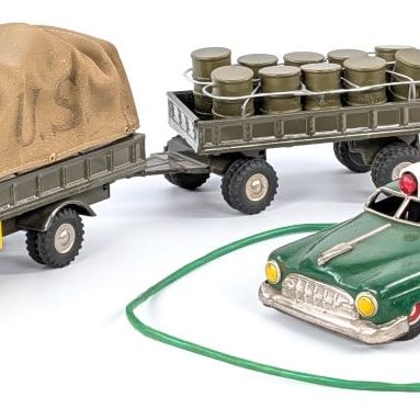 Linemar Tin Police Car & Japan Tin U.S. Army Transport Truck w/ Barrel Trailer