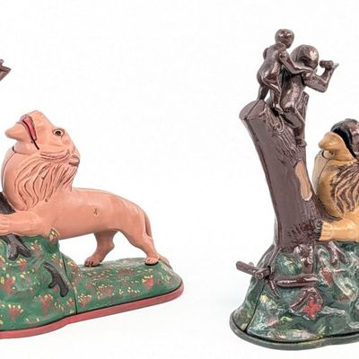 (2) Cast Iron Lion and Monkey Mechanical Bank