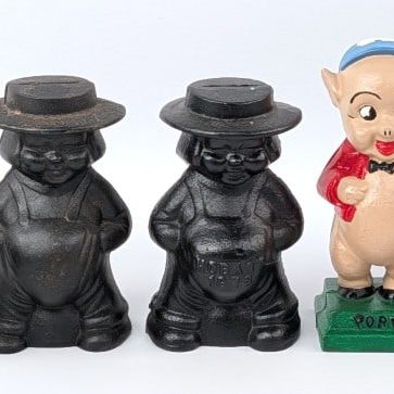 Cast Iron Porky, Cabin, Nodder, and Amish Boy