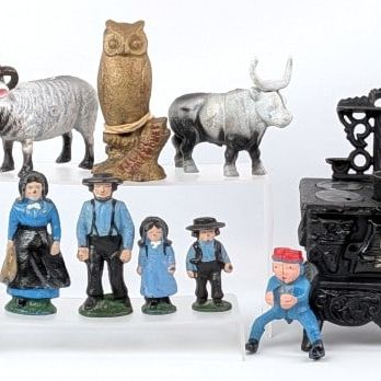 Cast Iron Banks, Stove, Horses, and Wood Pinocchio