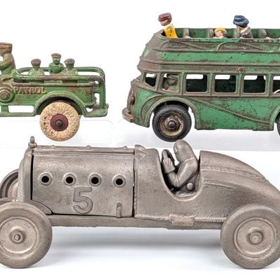 Hubley Racer, Patrol Truck, and Arcade Double Decker Bus